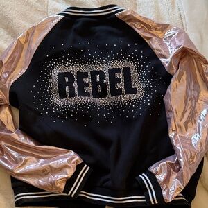 REBEL Athletic Rhinestone Varsity Bomber Jacket with Rose Gold Metallic Sleeves